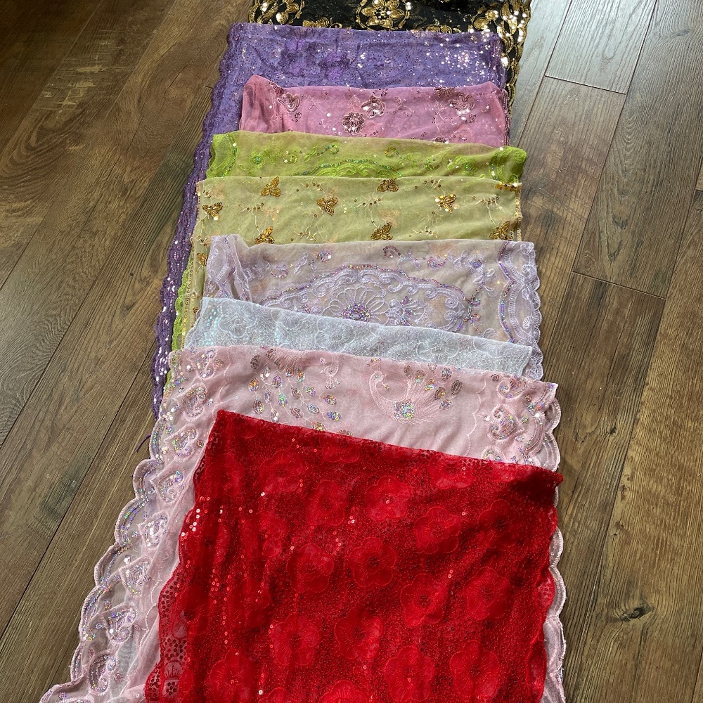 SOLD!!!! 7 Vintage Scarves/Shawls, Average 24" x 60", Most with BLING!